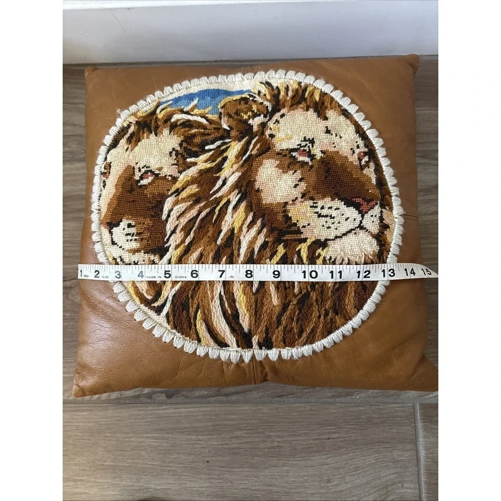 Vintage‎ 1970s MCM Handmade Lion Needlepoint Pillow w/ Leather 15